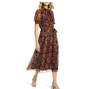 1901 Floral Print Button Front Pleated Chiffon Dress